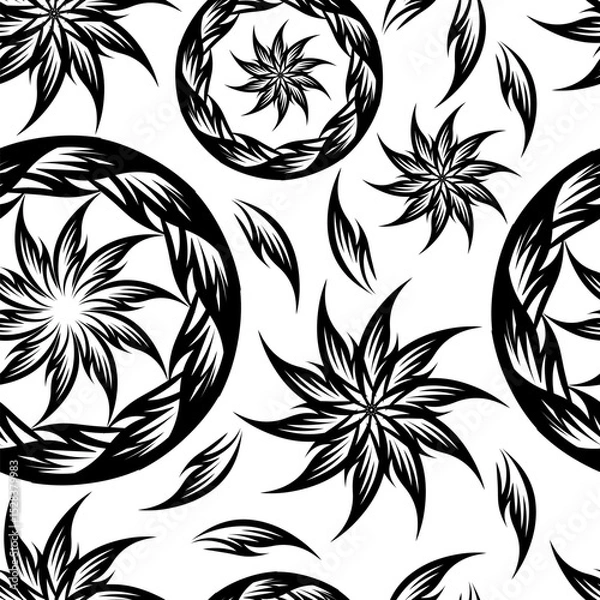 Obraz Vector Seamless Black and White Rounded Circles Ornament hand drawing. Not AI. Seamless monochrome background of stars and circles mandala