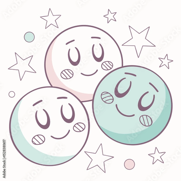 Fototapeta Adorable celestial spheres with smiling faces and star decorations Ai-Generated