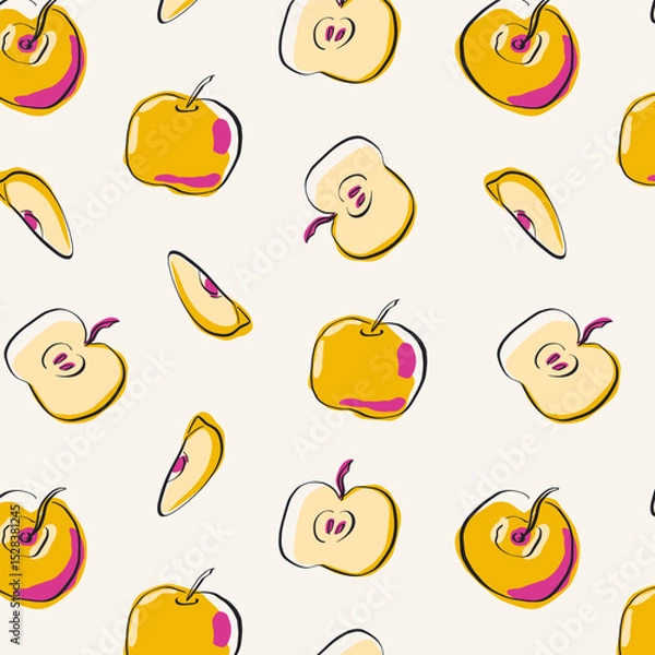 Fototapeta Apple fruit seamless pattern, abstract repeated background. Cartoon yellow doodle organic fruits, creative print for wrapping paper, fabric, wallpaper. Vector texture