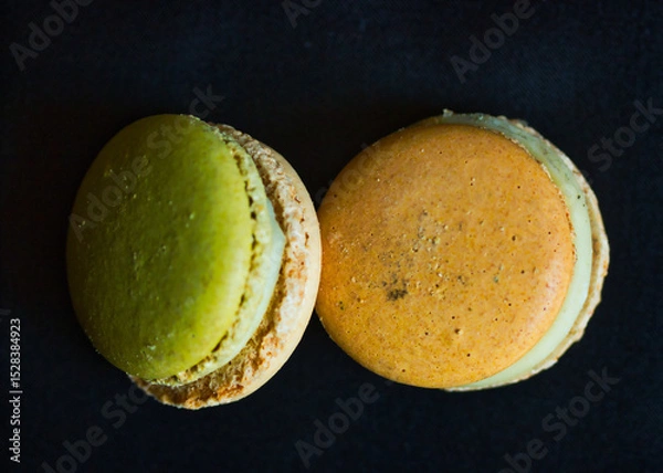 Obraz Closeup photography of two macarons on a dark background: one green and one orange. Still nature in the kitchen.