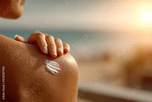 Obraz Hand applying sunscreen on tanned shoulder at beach