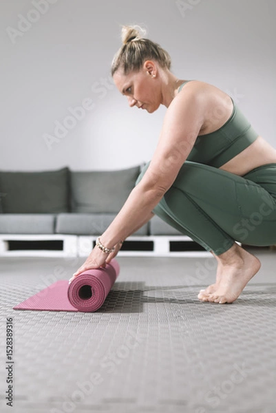 Obraz Woman rolls up yoga mat after completing practice in modern studio with minimalist design