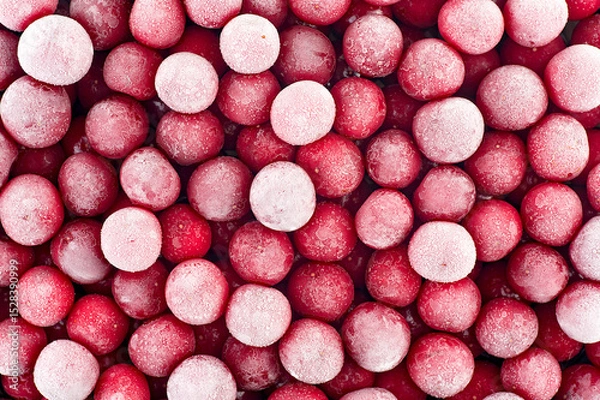 Fototapeta Group of frozen cherries as background, top view. Ripe frozen sweet cherry. Juicy cherries.