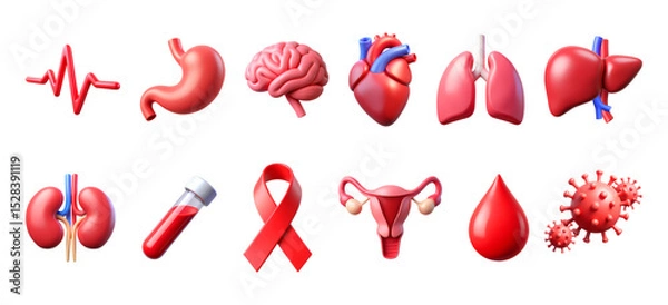 Fototapeta Human Organs & Health Awareness, Set of 3D Medical Icons – Glossy Minimal Emoji Style, Isolated PNG objects