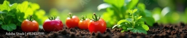Fototapeta Close-up of flourishing vegetables, precisely watered by drip lines , texture, crop, sustainable agriculture
