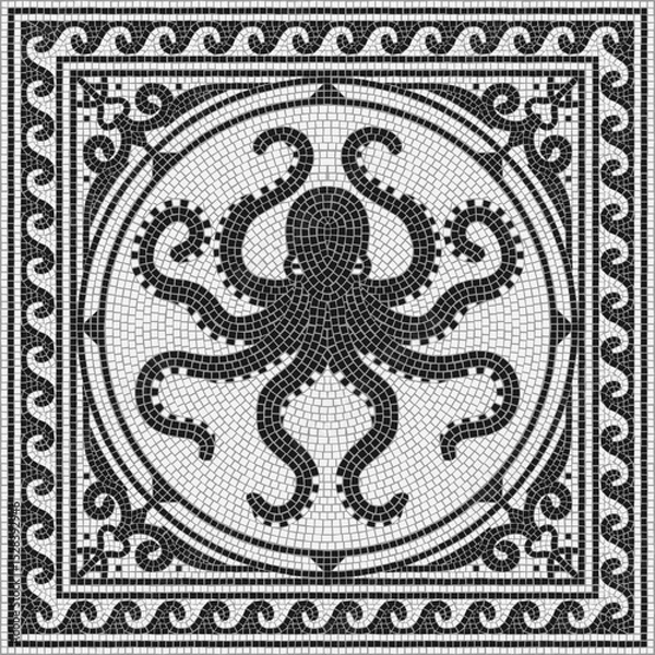 Fototapeta Ancient Roman Black and white mosaic with octopus. Vector Illustration