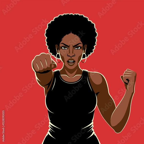 Fototapeta Black Woman Standing Strong with a Fist Raised. Vector Illustration