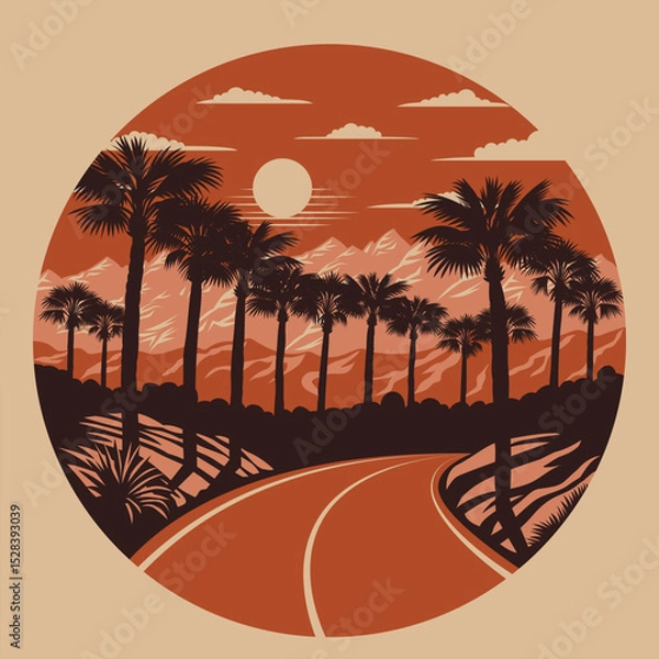 Fototapeta California landscape with road and palm trees against the background of the mountains. Vector Illustration