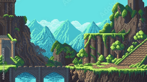 Fototapeta Summer Fantasy Pixel Art Landscape game level background with bridge and destroyed castle in mountains. Vector Illustration