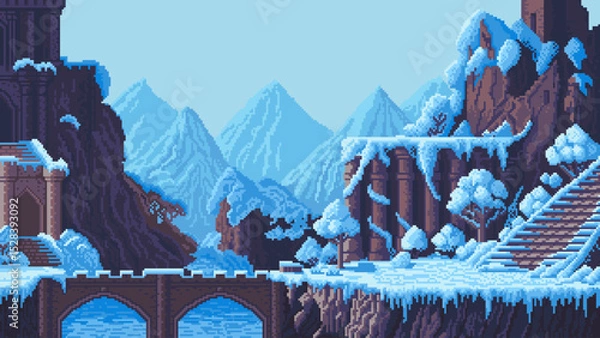 Fototapeta Winter Fantasy Pixel Art Landscape game level background with bridge and destroyed castle in mountains. Vector Illustration