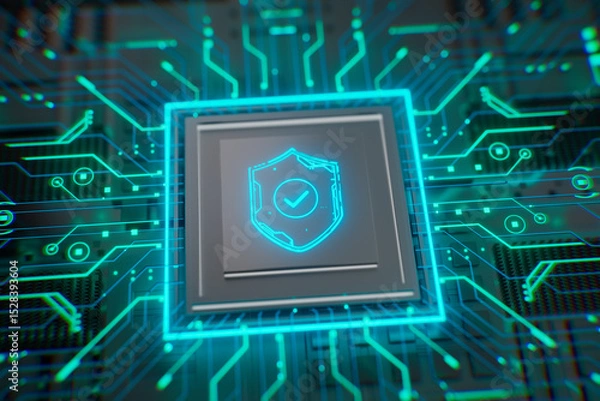 Fototapeta Futuristic neon shield with a checkmark on a cpu chip. Concept of cybersecurity, data protection, digital safety, privacy policy, compliance and secure technology.