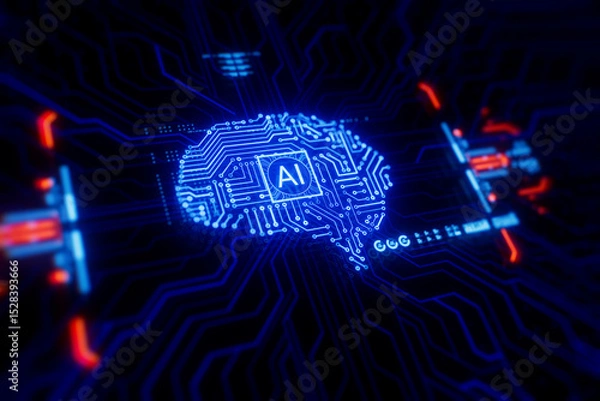 Fototapeta Glowing blue circuit board shaped like a human brain with AI chip at the center. Futuristic concept of artificial intelligence, machine learning, and digital neural networks.