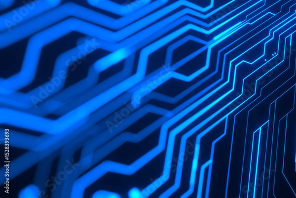 Fototapeta Abstract glowing blue circuit lines on a dark background. Futuristic digital pattern representing technology, connectivity, and modern electronics design.