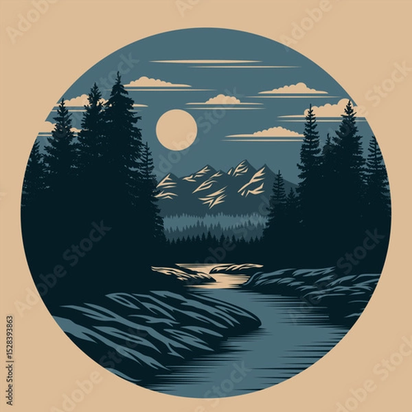 Fototapeta Idaho landscape with a river, forest and mountains. Vector Illustration