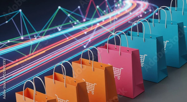 Fototapeta Colorful shopping bags in a row, against a background of abstract light trails, symbolizing online shopping growth and fast delivery