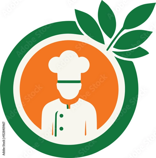 Fototapeta A stylish vector chef logo featuring a culinary professional with a chef hat, accented by green leaves and an orange circle, perfect for restaurant or organic food branding.