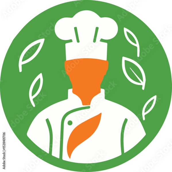 Fototapeta A stylish vector chef logo featuring a culinary professional with a chef hat, accented by green leaves and an orange circle, perfect for restaurant or organic food branding.