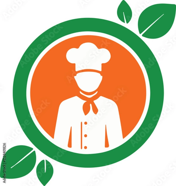 Fototapeta A stylish vector chef logo featuring a culinary professional with a chef hat, accented by green leaves and an orange circle, perfect for restaurant or organic food branding.