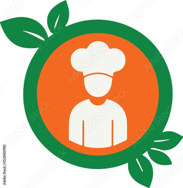 Fototapeta A stylish vector chef logo featuring a culinary professional with a chef hat, accented by green leaves and an orange circle, perfect for restaurant or organic food branding.