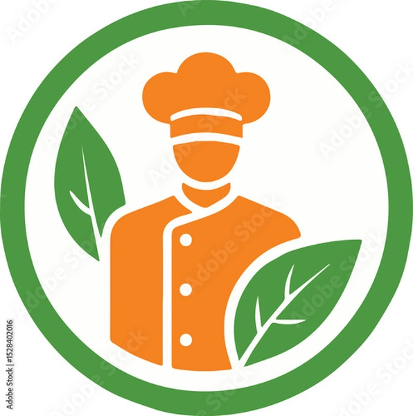 Fototapeta A stylish vector chef logo featuring a culinary professional with a chef hat, accented by green leaves and an orange circle, perfect for restaurant or organic food branding.