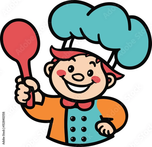 Fototapeta Colorful vector of a smiling junior chef boy in uniform, holding a red spoon—perfect for cooking-themed kids projects, education materials, or restaurant branding.