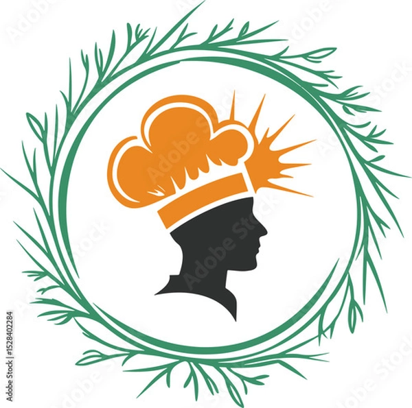 Fototapeta Flat design chef vector logo showing a uniformed chef in a circular green theme with leaves, representing healthy and organic culinary services.