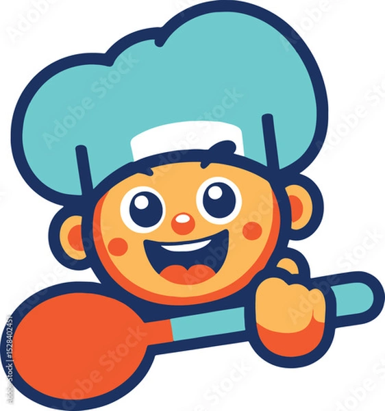 Fototapeta Colorful vector of a smiling junior chef boy in uniform, holding a red spoon—perfect for cooking-themed kids projects, education materials, or restaurant branding.