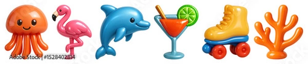 Fototapeta PNG Colorful playful summer icons collection, element set on transparent background