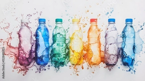 Obraz A row of colorful bottles with a splash of water in the background
