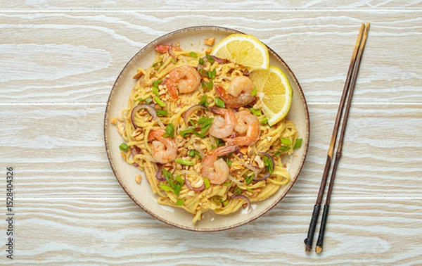 Obraz Pad thai noodles garnished with shrimp, peanuts, green onions, lemon wedges, and served with chopsticks on a white wooden table, Thai cuisine