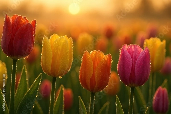 Fototapeta Dew-covered tulips at dawn with sunlit background