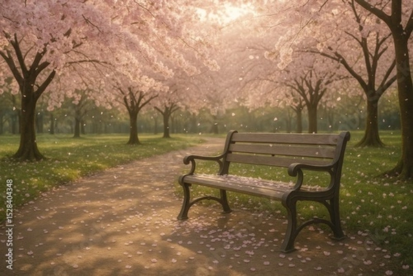 Fototapeta Serene cherry blossom pathway with bench on a tranquil spring day
