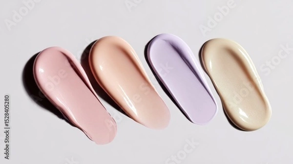 Fototapeta Makeup foundation swatches blending across white surface, displaying gradient of skin tone colors with soft, smeared cosmetic textures