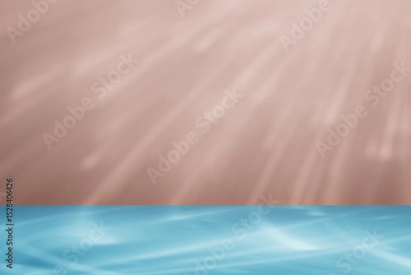 Fototapeta Studio background for display product. Empty room with shadows, caustics and soft lighting for product presentation. Minimalistic showcase for advertisement with brown wall and turquoise blue floor.