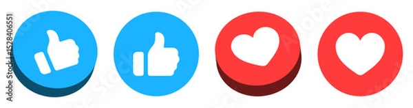 Fototapeta 3d Like and love icon button. Thumbs up and heart flat icon in modern 3d buttons circle shapes , Social media notification icons. emoji post reactions set. Vector illustration