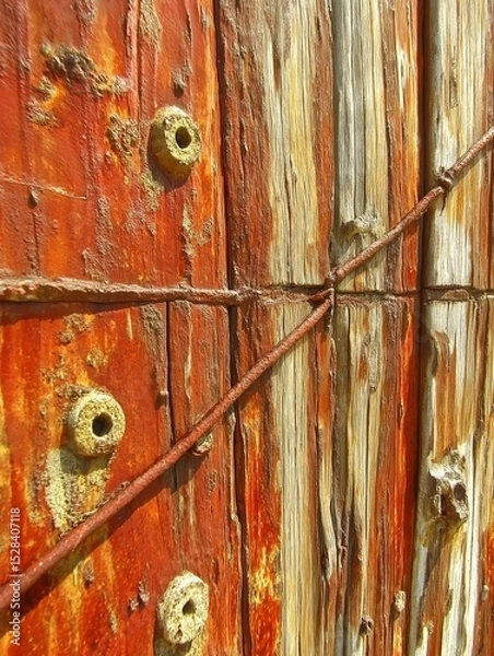 Fototapeta Close-up of weathered wooden surface with rusty metal bolts and wires, showcasing textures and colors, emphasizing the passage of time and natural decay in a rustic environment