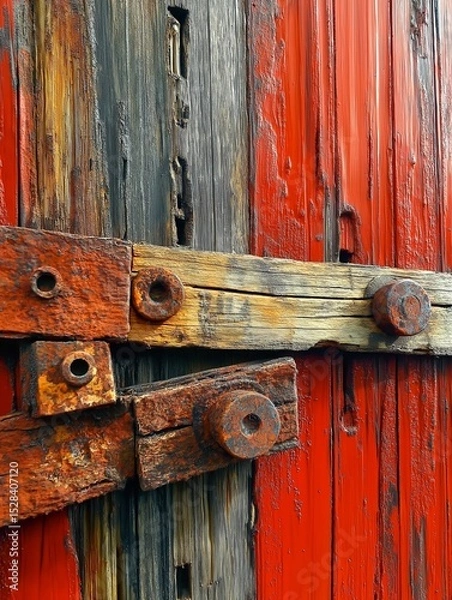 Fototapeta Close-up of weathered wooden door with vibrant red paint, showcasing rusty metal hinges and bolts, highlighting texture and craftsmanship in a rustic setting