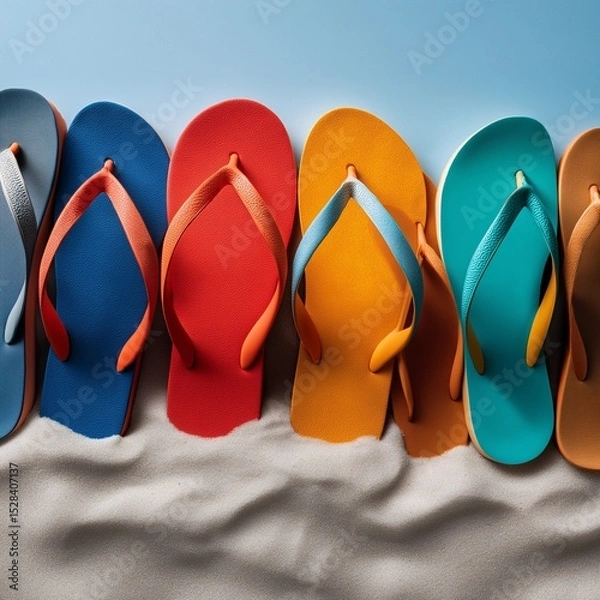 Fototapeta Colorful flip flops arranged in a row on sandy beach, showcasing vibrant hues of orange, red, blue, and yellow, evoking a sense of summer relaxation and fun