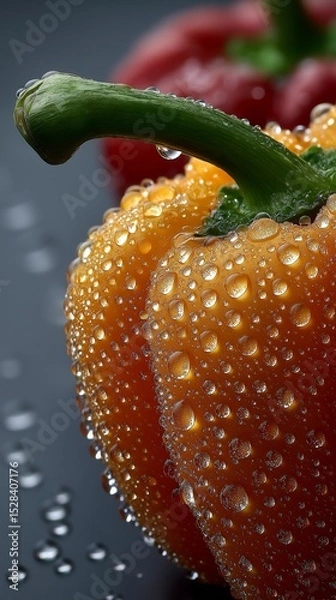 Fototapeta Close-up of vibrant orange bell pepper with water droplets on surface, showcasing freshness and texture, with a blurred red pepper in the background, emphasizing natural produce