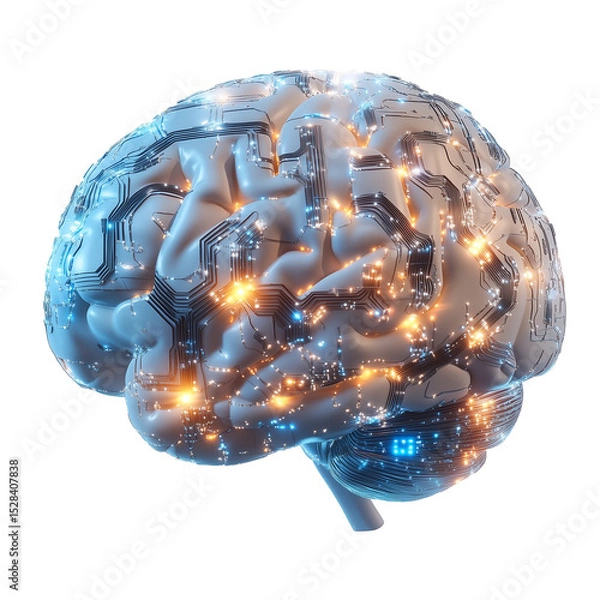 Fototapeta Futuristic Brain with Circuit Connections and Glowing Data Lights isolated on transparent or white background	
 