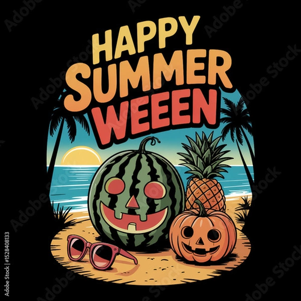 Fototapeta A playful blend of summer and Halloween is depicted with a watermelon jack-o-lantern, pineapple, and pumpkin set against a beach backdrop with Happy Summerween