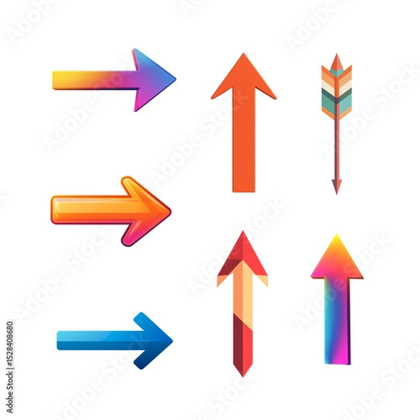 Fototapeta A vibrant collection of arrows in various directions, showcasing colorful gradients and designs, perfect for illustrating movement, direction, and creativity in graphic projects.