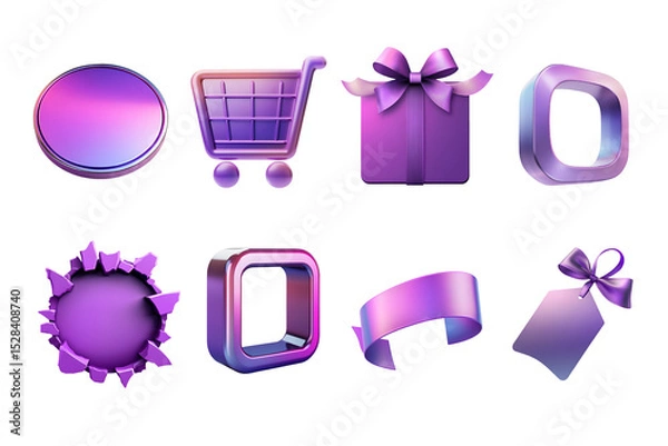 Fototapeta A collection of vibrant purple graphic elements including buttons, shopping cart, gift box, and ribbons, perfect for digital design projects and modern visual communication.