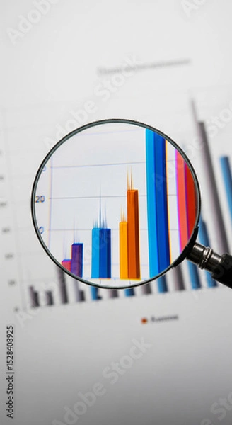 Fototapeta Magnifying glass focuses on bar chart detail, showcasing business growth analysis, representing data examination and strategic planning for improved market understanding