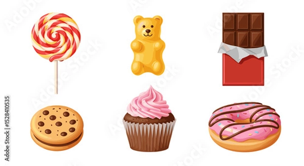 Obraz Assorted sweets and treats vector illustration featuring lollipop gummy bear chocolate cookie cupcake and donut