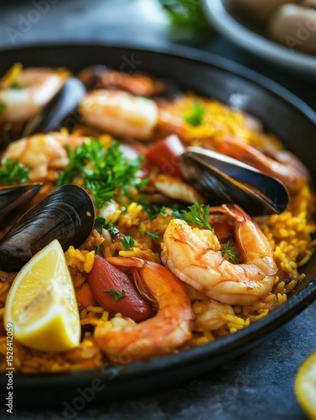 Obraz Illustration of steaming seafood paella with golden saffron rice, shrimp, mussels, calamari, garnished with fresh parsley and lemon wedge, isolated on white in a colorful and appetizing vector design