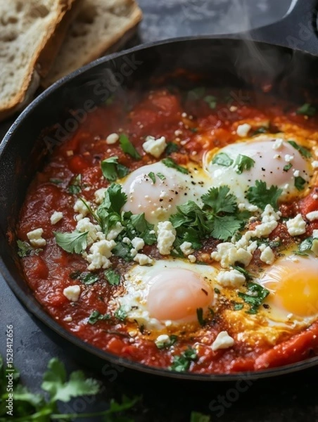 Obraz Illustration of hot shakshuka with bubbling red tomato sauce, perfectly poached eggs, garnished with fresh cilantro and crumbled feta, served in a rustic pan, isolated on white in a food-themed vector