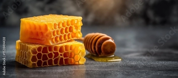 Fototapeta Honeycomb Wax Mold Beside Beeswax Block on Dark Background with copy space area -