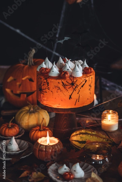 Obraz Homemade delicious chocolate cake with coloured orange cream and meringue ghosts, pumpkins for Halloween home party. Elegant beautiful table arrangement with candles, chandelier, Jack-o-Lantern 