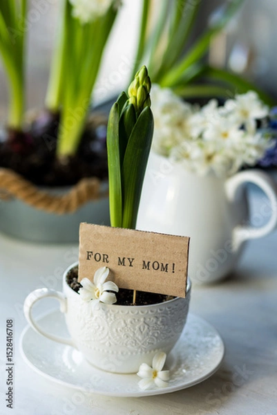 Obraz Little boy making a handmade present for his mother - planting a bulb of hyacinth in a white cup, making a postcard saying for my mom. Family values. Recreation, hobby, leisure concept